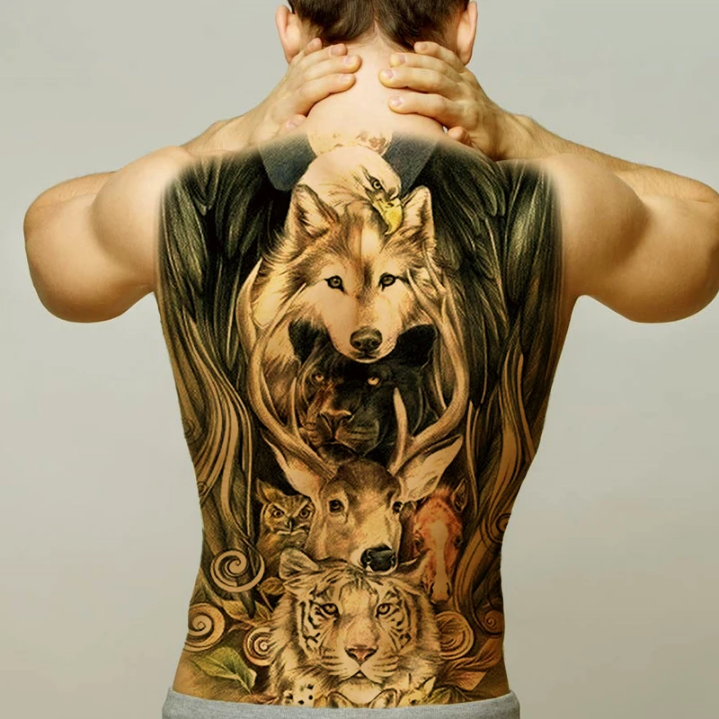 Временные мужские татуировки большой волк лев тигр Временные татуировки для мужчин большая полная задняя Татуировка и боди-арт Сексуальная Татуировка наклейка вода