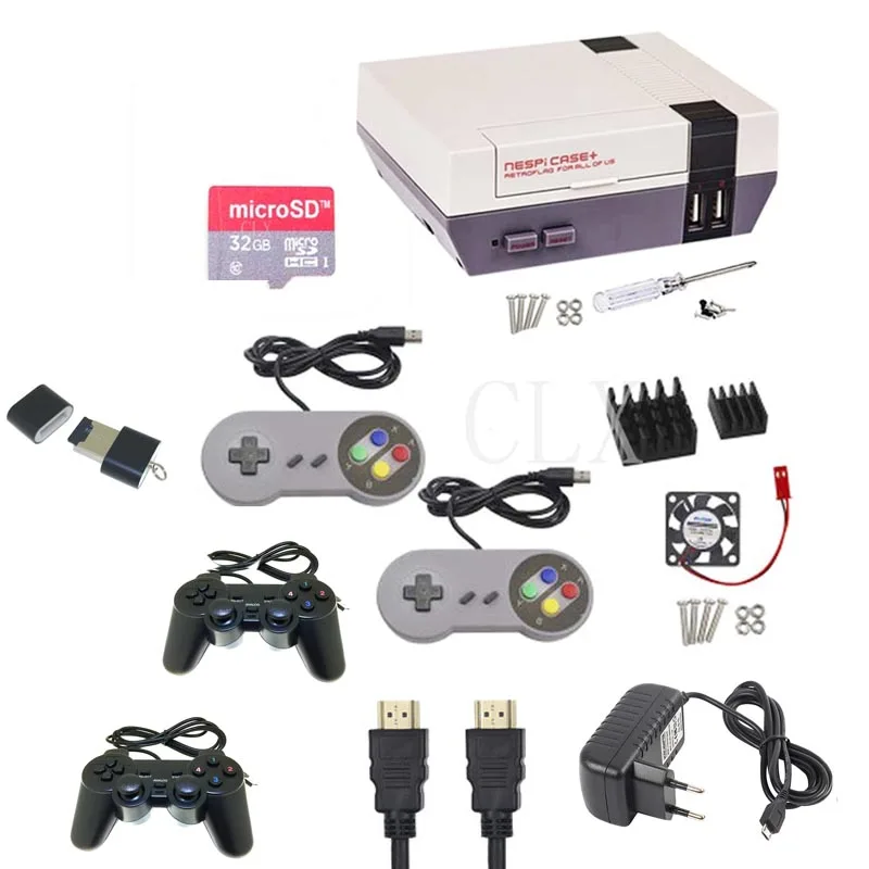  NESPI Case+Plus Retroflag Kit with Fan + 2 pcs Game Controllers+heatsink+32GB card+HDMI+power for R