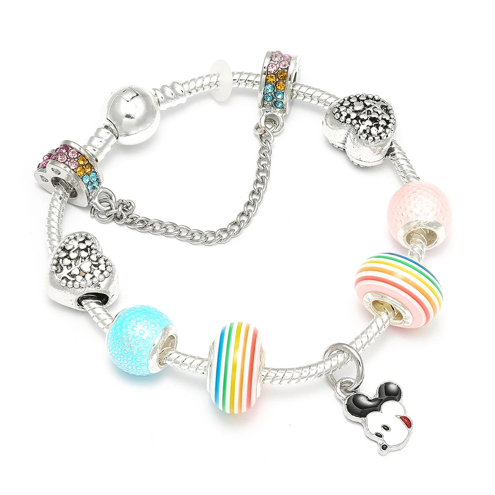 

New Arrival Silver Plate Mickey Charm Bracelet Fashion Rainbow Crystal Bead Pandora Bracelets & Bangles For Women Jewelry Gift