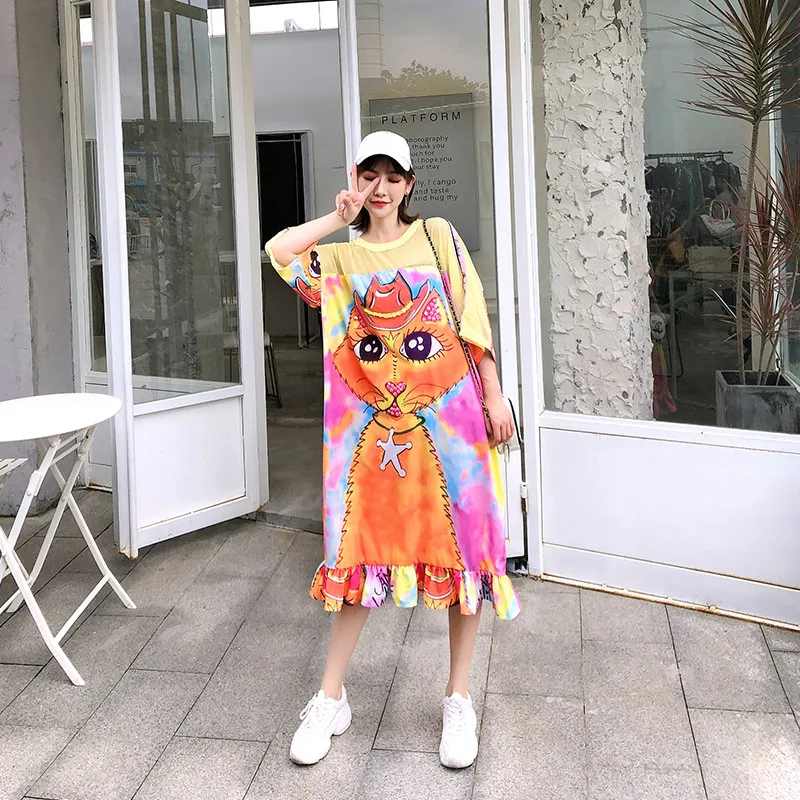 

7Mang 2019 Women Street Cartoon Print Mesh Straight Tee Dress Loose Short Sleeve Fashion Harajuku Ruffle Long Dresses 0618
