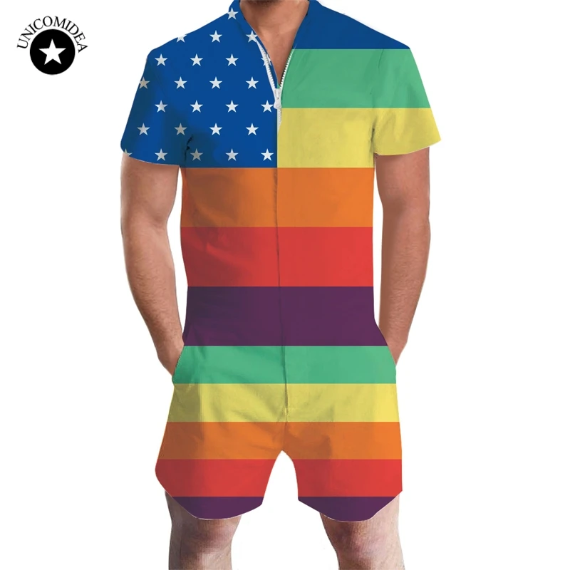 

Mens Romper Gay Pride Rainbow Men Jumpsuit 3D Graphic One Piece Romper Casual Zipper Overalls USA American Flag Beach Men's Sets