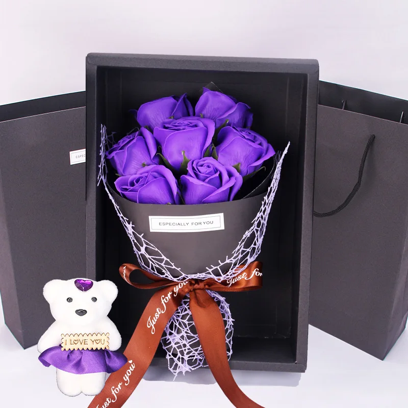Имитация 7 мыльных цветов, пенопластовый цветок розы, подарок с коробкой, маленький букет роз для женщин на День святого Валентина, креативный подарок медведя PE