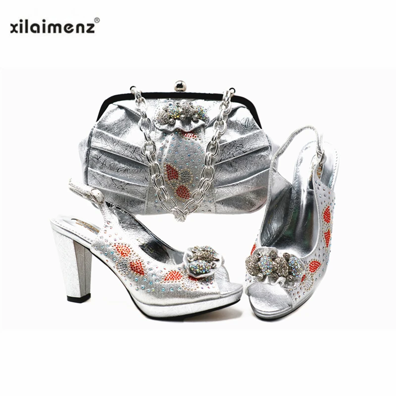

Fashionable Italian Women High Quality Shoes Matching Bag Decorate with Rhinestone Mature Style African Ladies Shoes and bag Se