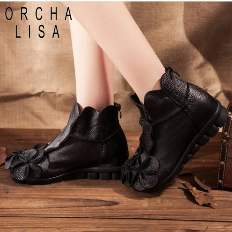 

ORCHA LISA Big Size 35-42 Genuine Cow Leather Zipper Ankle Boots for Women Flower Riding Boots Flat Boots Female Botties C685