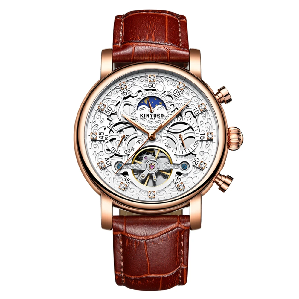 

KINYUED Luxury Diamond Automatic Mechanical Watch Water-Proof Self-Wind Skeleton Man Business Wristwatch Chrono Genuine Leather