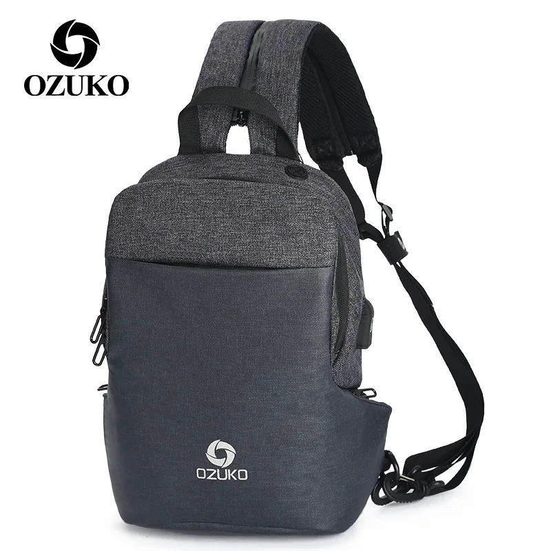 

OZUKO 9067 Man Shoulder Bag USB Charging Sling Messenger Bag Chest Pack Fit 9.7" iPad Crossbody Bags for Men Summer Short Trip