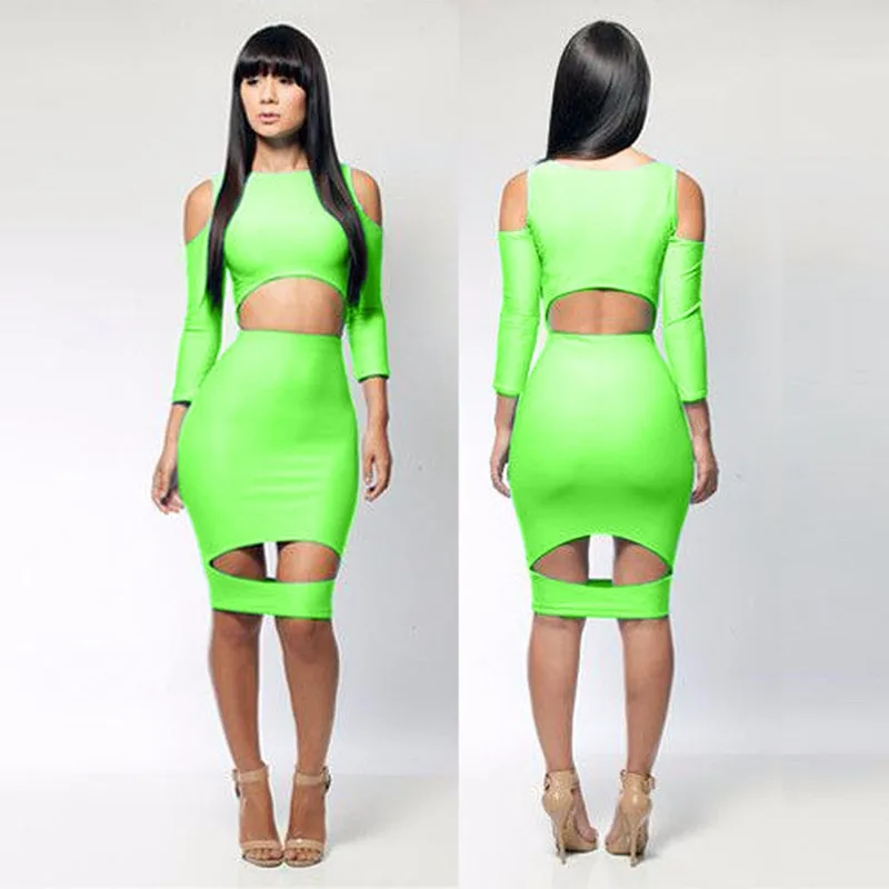 Elegant Women Summer Dress Long Sleeves Cut Out Solid 6 Colors O-Neck Bodycon Knee-Length Dress Party Vestido De Festa for Women (1)
