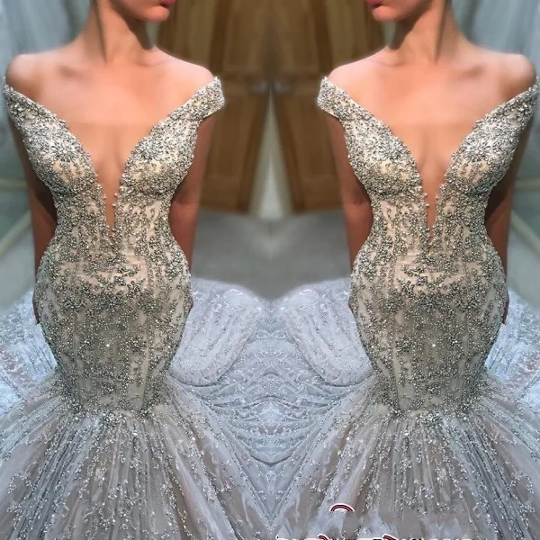 

New Arrival 2019 Wedding Dresses Luxury Full Beaded Tulle Wedding Bridal Gown Mermaid Style Deep V-neck