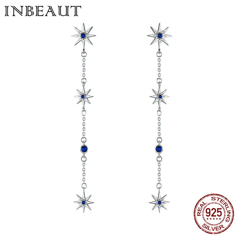 

INBEAUT 100% 925 Sterling Silver Blue Zircon Snowflake Long Dangle Earrings for Women Cute CZ Star Drop Earrrings Party Jewelry