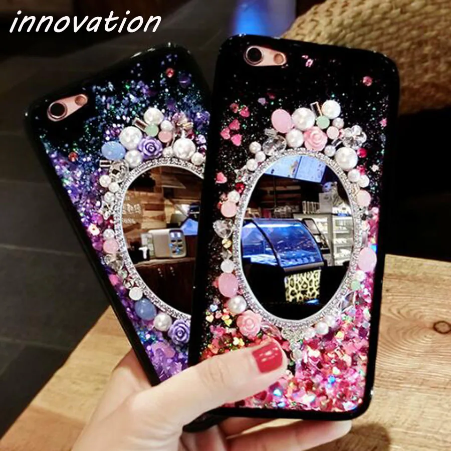 

Innovation Glitter Quicksand Cover For iPhone 7 6 6S Plus Phone Back Cases Dynamic Liquid Mirror Rhinestone Bling Flowers Fundas