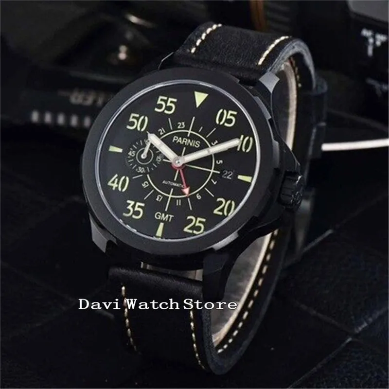 

44mm Black Dial Leather Band GMT Automatic Date Men's Wrist Watch