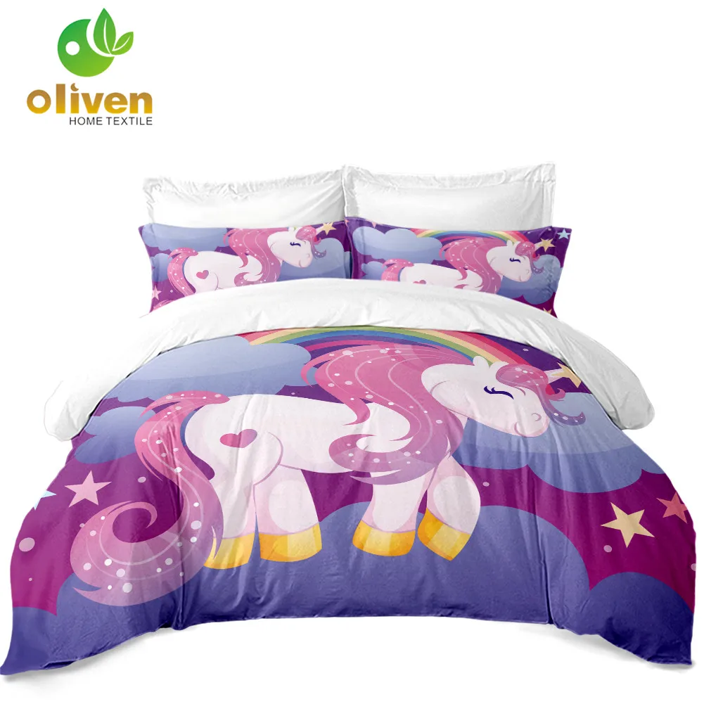 

Cute Unicorn Bedding Set Kids Cartoon Duvet Cover Set Colorful Rainbow Flower Print Bedding Cover Pillowcase Home Decor D30
