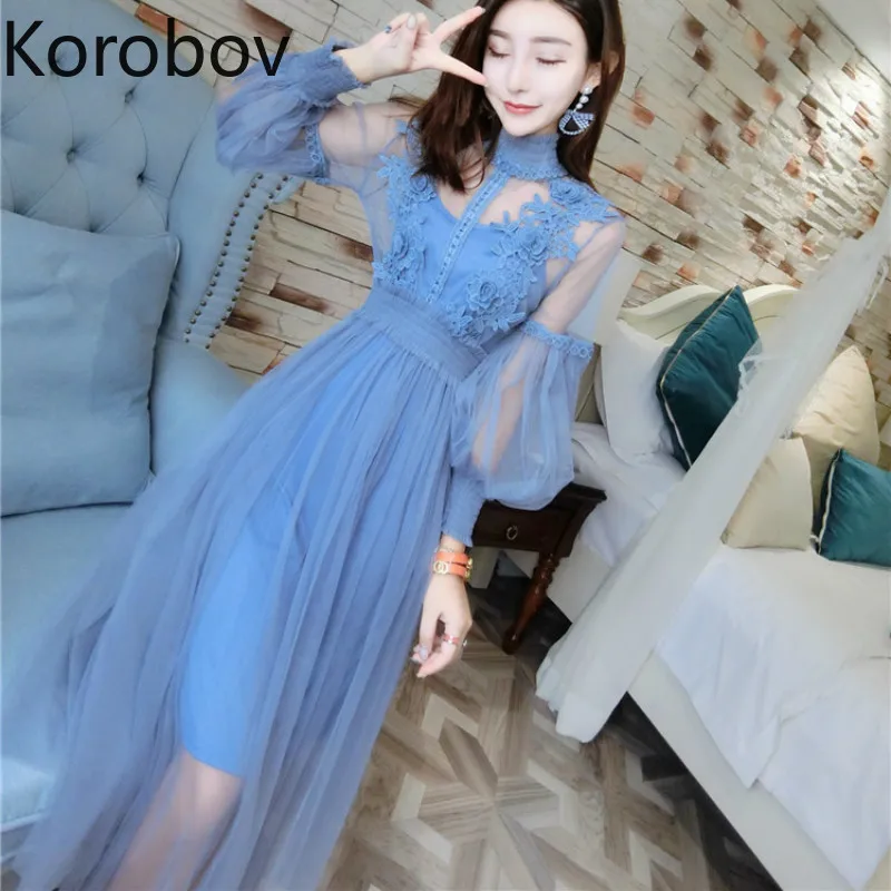 Korobov Summer New Vogue Mesh Lace Dress Women Long Sleeve 2 Piece Set ...