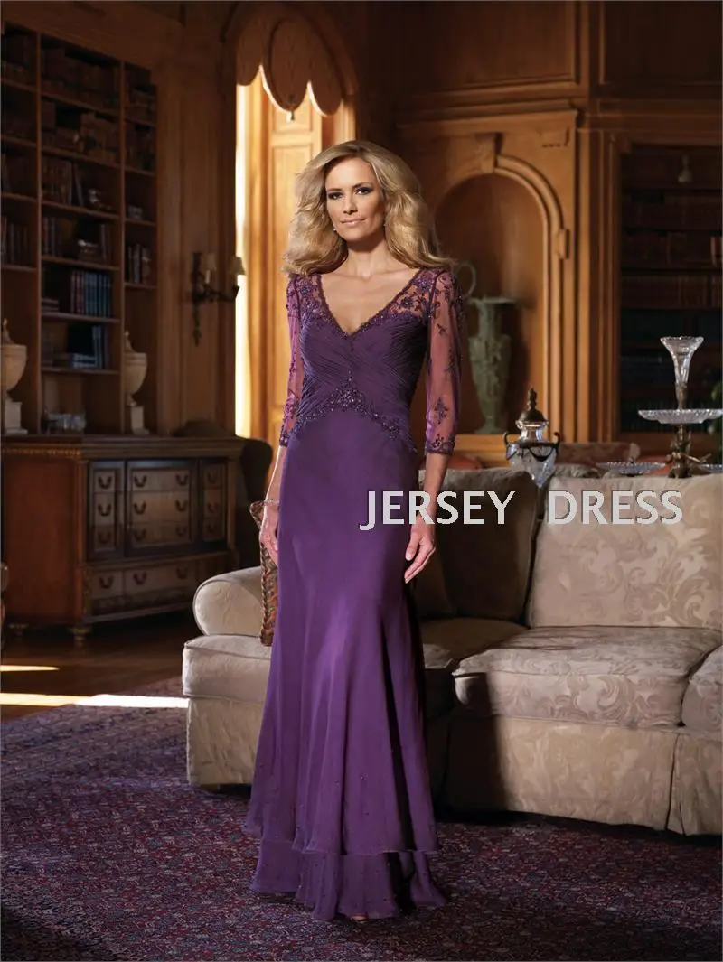 

free shipping new 2013 Purple party V-neck bridal vestidos formales chiffon long sleeve floor length Mother of the Bride Dresses