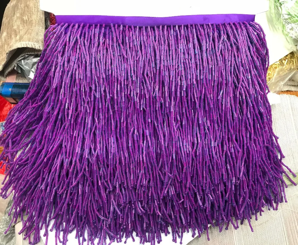 purple color Handmade 15cm wide beaded lace tassel fringe trimming,5.5yard