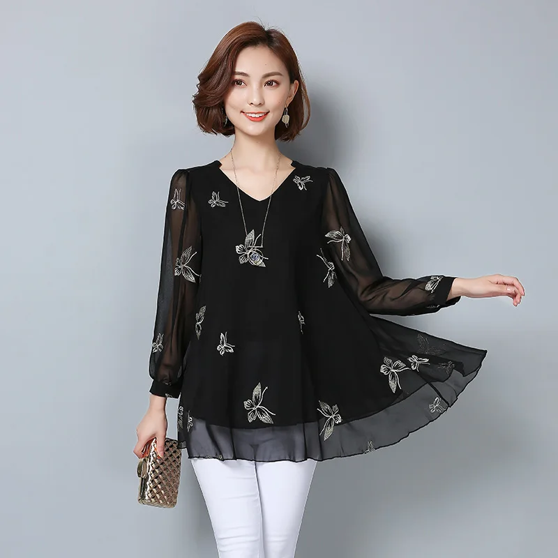 2018 الصيف المرأة الشيفون بلوزة فضفاضة زائد حجم 5xl 6xl القوس التطريز قمصان الموضة قمصان مكتب سيدة أعمال الأسود