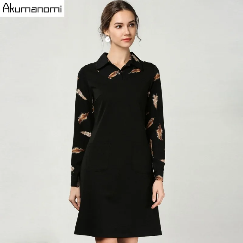 

Autumn Chiffon Patchwork Dress Women Clothing Full Sleeve Feather Print A-line Spring Dress Plus Size 5xl 4xl 3xl 2XL Xl L M