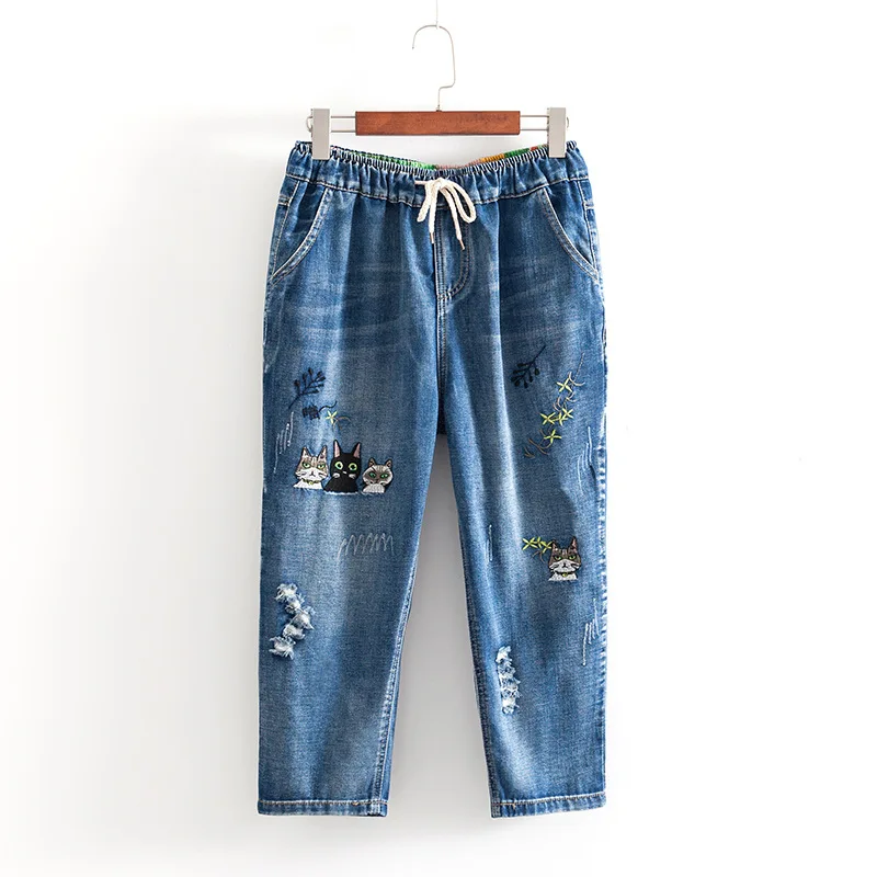 Размера плюс, повседневные джинсы, Летняя женская одежда, модные свободные джинсовые укороченные штаны с вышивкой кота, S7-1801