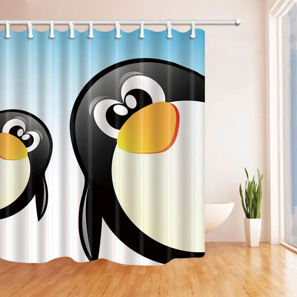 Cartoon Penguin Pattern Theme Shower Curtain Blue Sky Lovely Two Black