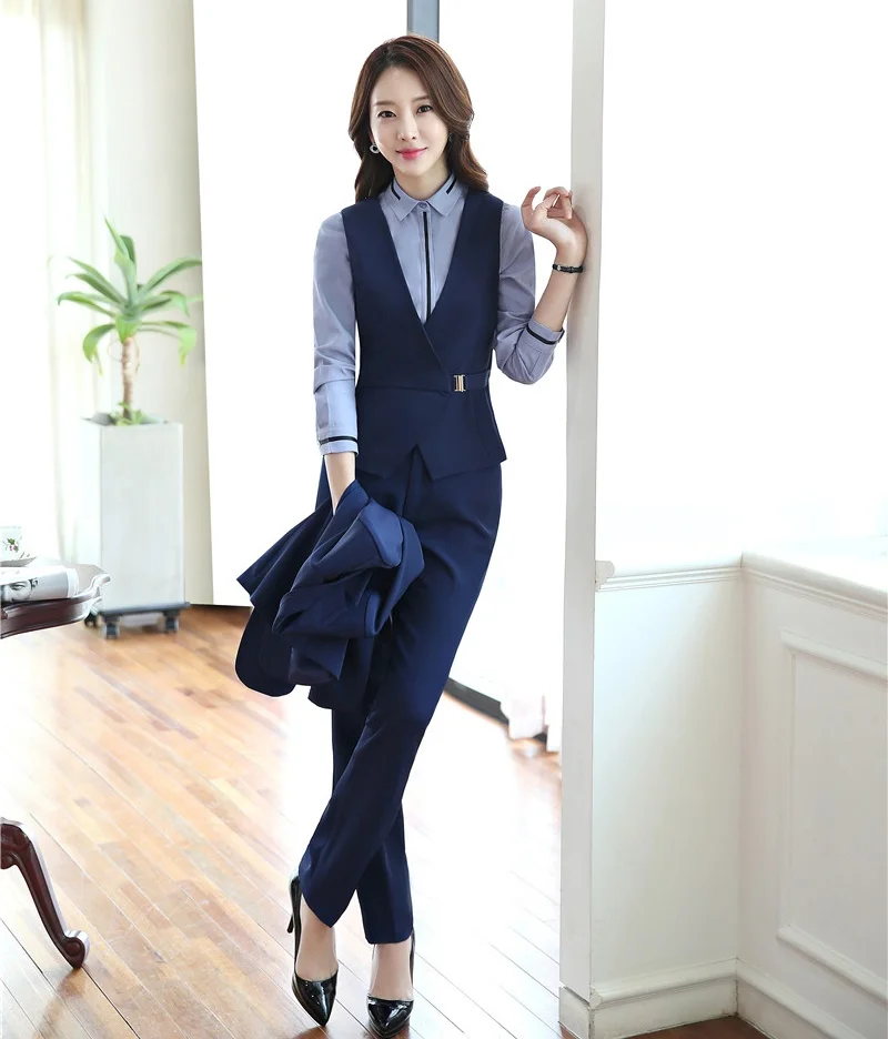 

New 2019 Autumn Fashion Pantsuits Women Suits with Pant and Top Sets Formal Ladies Waistcoat & Vest Office Uniform Styles
