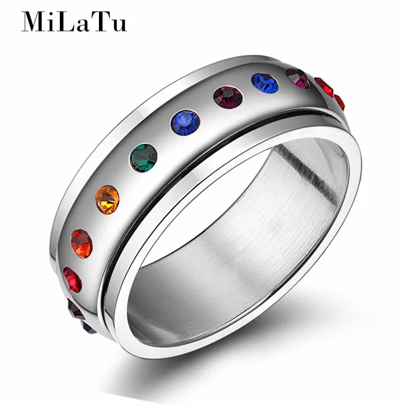 

Dropshipping Rotatable Rainbow Rings For Women Men Stainless Steel CZ Stone Gay & Lesbian Wedding Ring LGBT Jewelry R363G