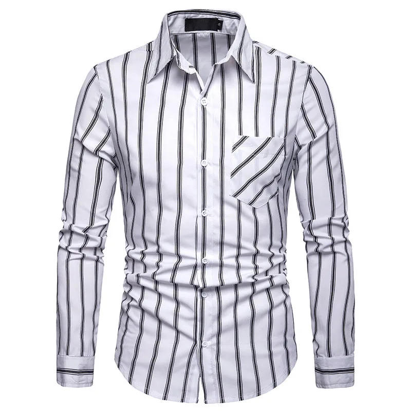 Для мужчин s повседневное Кнопка подпушка Мужская классическая рубашка Мода 2019 г. рубашка в полоску с длинным рукавом социальной рубашк