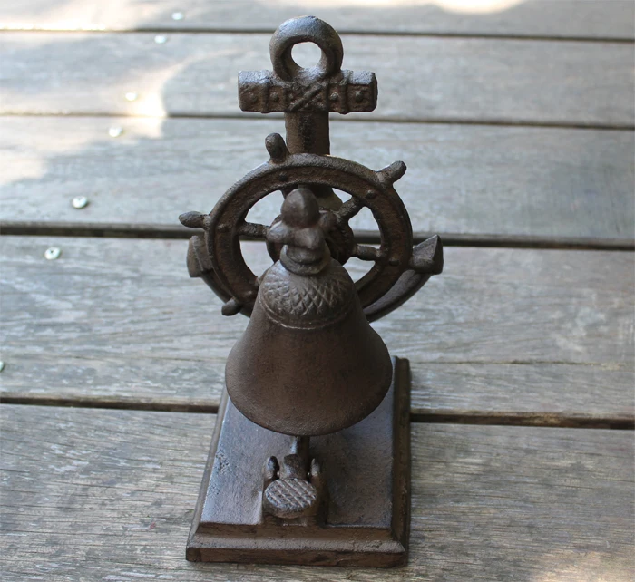 Cast Iron Boat Anchor Tabletop Bell Ship Wheel Rustic Brown Nautical