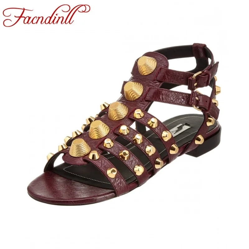 

women sandals for party casual shoes new genuine leather flats shoes rivets women peep toe gladiator summer sandals shoes woman