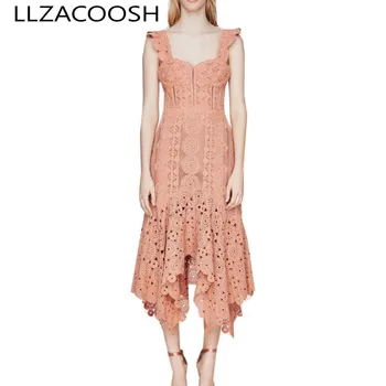 

High Quality Newest 2019 Runway Designer Summer Halter Strapless beach dress Hollow Out Crochet irregular lace dress Chic Dress