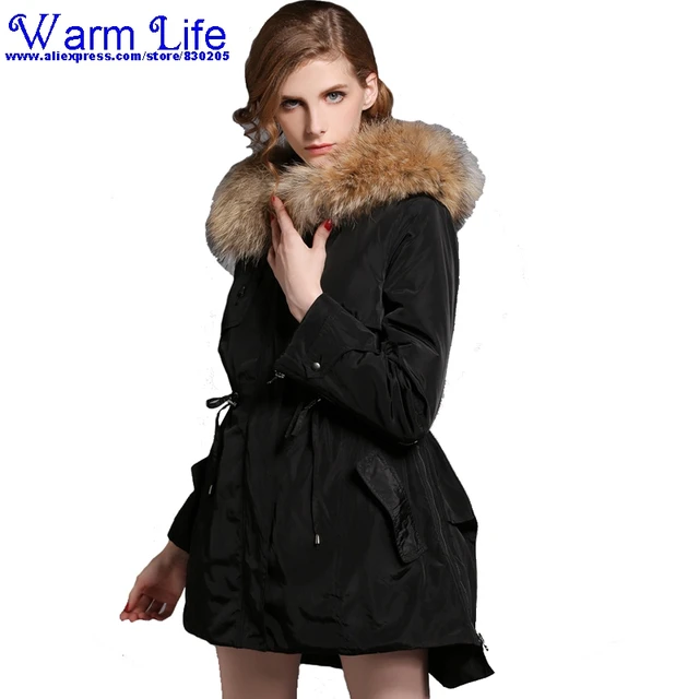 Best price at $103 Cheap 2016 High Quality Real Raccoon Fur Collar Zipper Thicken Detachable Liner Parkas For Women Winter Black S M L XL