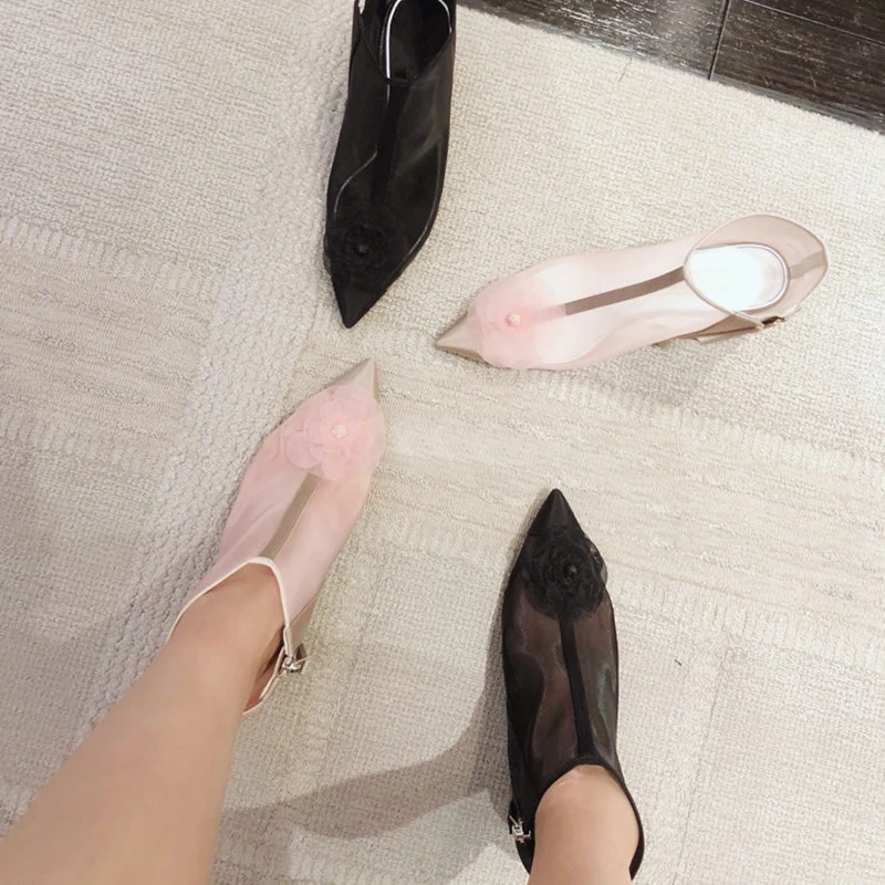 Pointed Toe Flower Clear Mesh Zipper Booties High Chunky Heels Summer Fashion Women Ankle Boots Patchwork Design Pumps