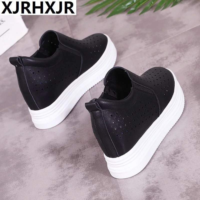 

Women Wedge Platform Rubber Brogue Leather Lace Up High heel Shoes Pointed Toe Increasing Creepers White Bkack Hollow Sneakers