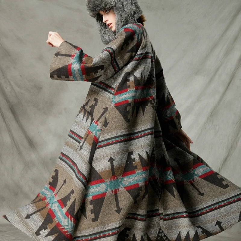 C4001 Новое поступление осень и зима винтажное этническое Свободное длинное шерстяное Женское пальто трапециевидной формы с расклешенными рукавами макси