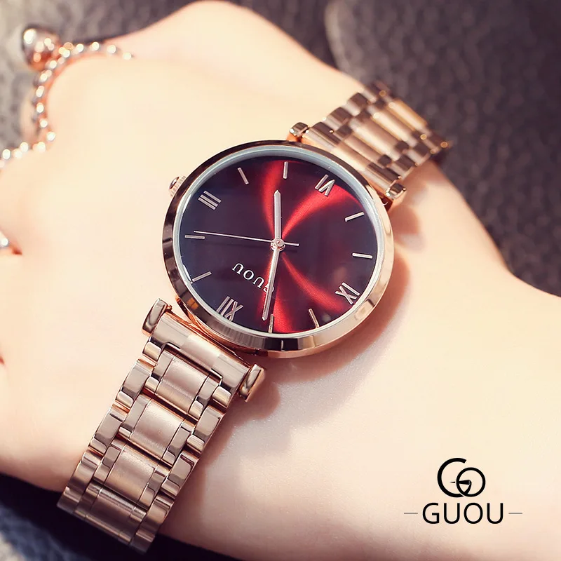 Роскошные женские часы, розовое золото, стальной браслет, кварцевые часы, элегантные женские Простые Модные вечерние часы, женские ювелирные изделия Orologio Donna - Цвет: Красный