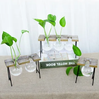 

Creative wooden stand water culture container household green rose plant glass vase small fresh wooden crafts decoration