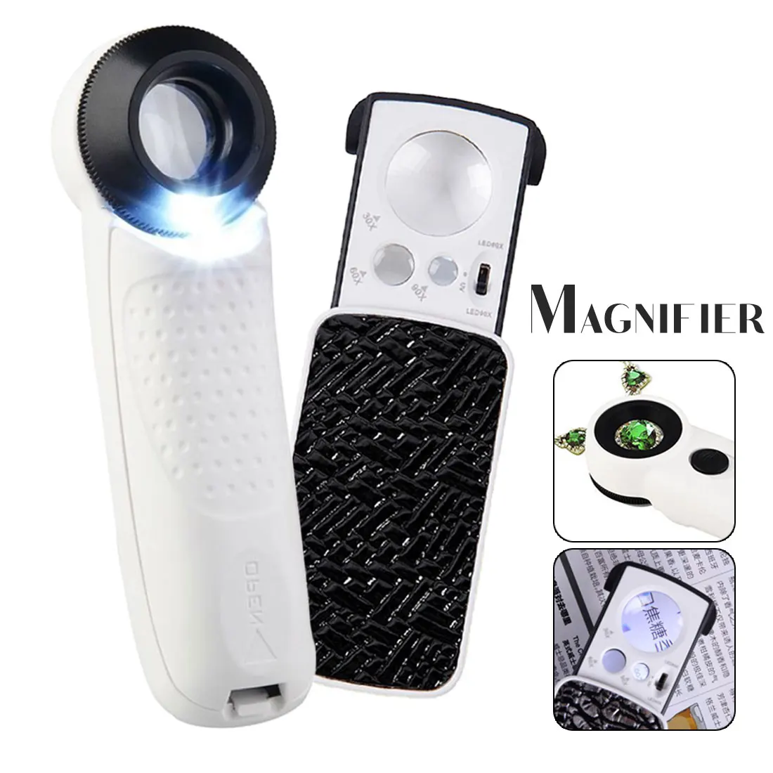 White Color 2 LED 40x Mini Portable Magnifier Pocket Handheld