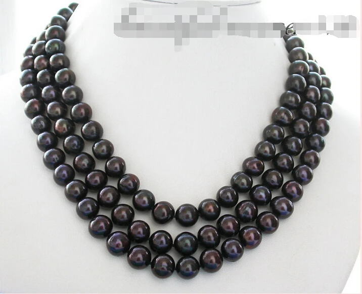 

FREE SHIPPING * z3726 BEAUTIFUL 3row 11MM black round FRESHWATER PEARL necklace