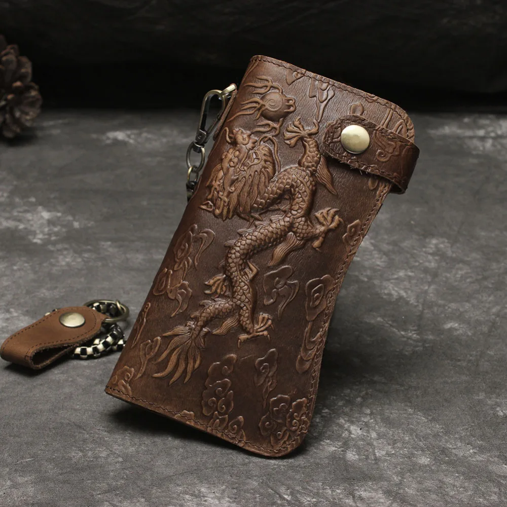 

YISHEN Business Vintage Genuine Leather Men Wallet Key Ring Chain Dragon Tiger Pattern Men Clutch Wallets Male Long Purse LD052