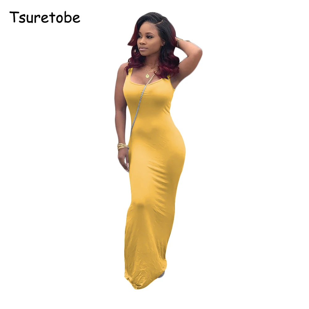 Tsuretobe Bodycon Спагетти ремень Макси платье без рукавов женское летнее повседневное