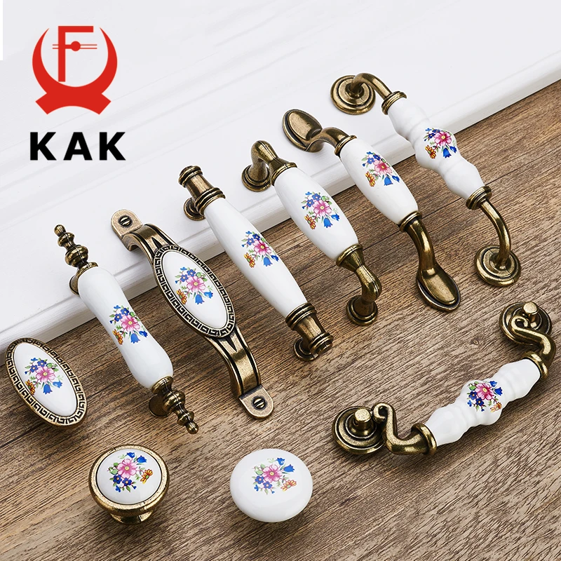 KAK 5 قطعة/الوحدة العتيقة البرونزية السيراميك مقابض للخزانة سبائك الزنك مقابض أدراج باب خزانة ملابس مقابض صباح المجد الأثاث مقبض