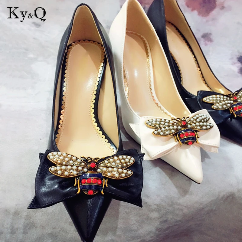 

2019 High Heel Wedding Party Shoes Women Pumps Stiletto Thin Heel Pointed Toe Bowtie Bee Matal Zapatos Shallow Dress 7.5cm heel