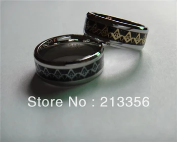 

FREE SHIPPING!USA HOT SELLING E&C JEWELRY NEW 8MM MENS STAINLESS STEEL GOLD/SILVER MASONIC FOIL & BLACK CARBON FIBER INLAY RING