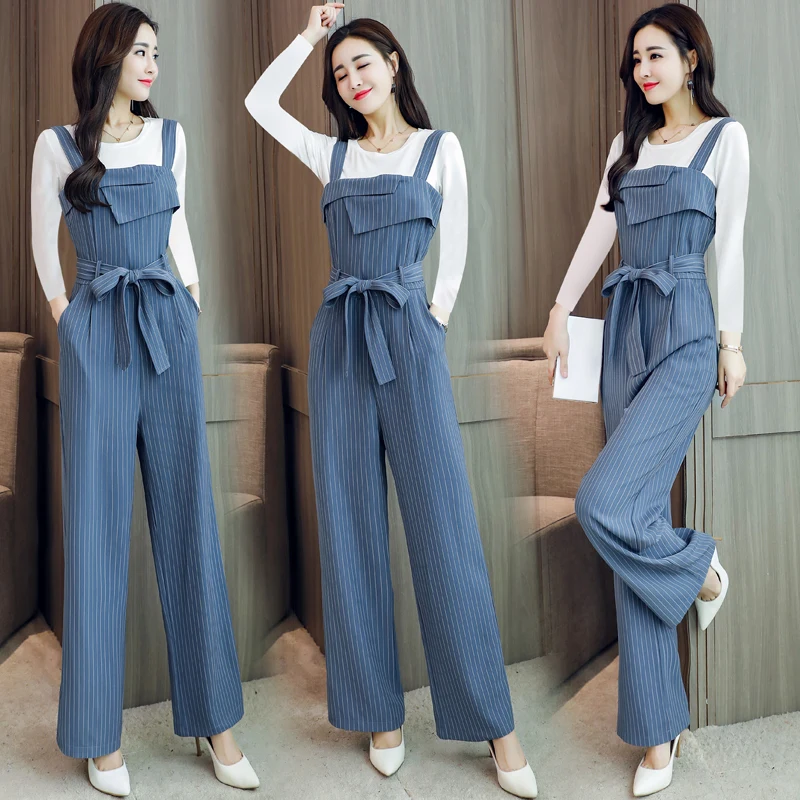 

2019 Spring jumpsuit Suits Women 2 two Pieces Sets Casual fashion elastic Tops long sleeve and striped jumpsuit