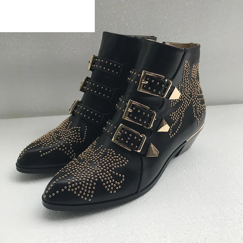 

New Fashion Ladies Ankle Boots Gold sequins Shoes Black Women Pointed Toe Square Heel Buckled Combat Boots womens size 41