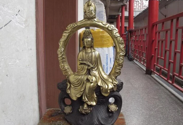 

150401 S0583 Temple Old Copper Gild comfortable RuYi Kwan-Yin GuanYin Goddess Sit Moon Statue discount 30% (C0324)
