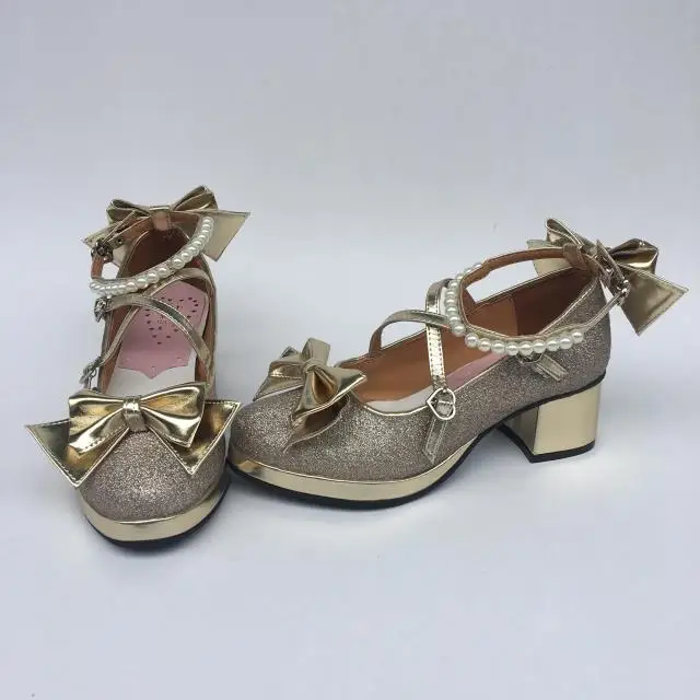 Womens-Shiny-Black-Silver-Sequin-Pumps-Bow-Strap-Cross-Pearl-Ankle-Strap-Princess-Lolita-Shoes-Custom-Tailor-Available- 11