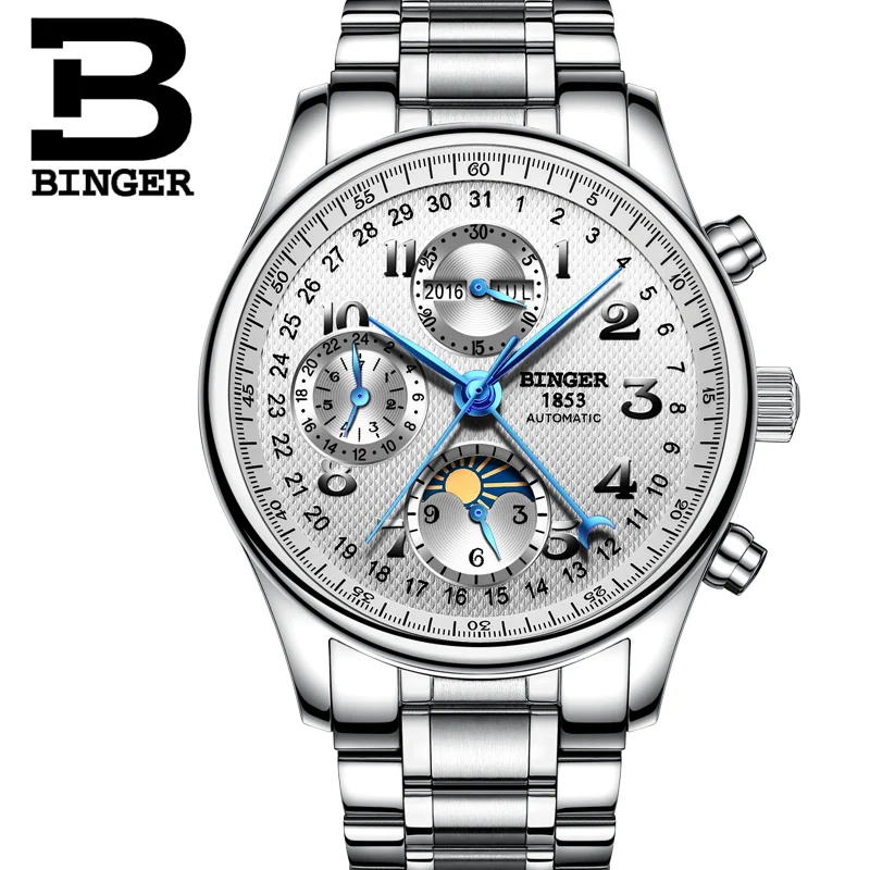 Швейцарские часы Бингер мужские роскошные брендовые многофункциональные часы с сапфировым календарем и фазой Луны механические наручные часы B-603-8
