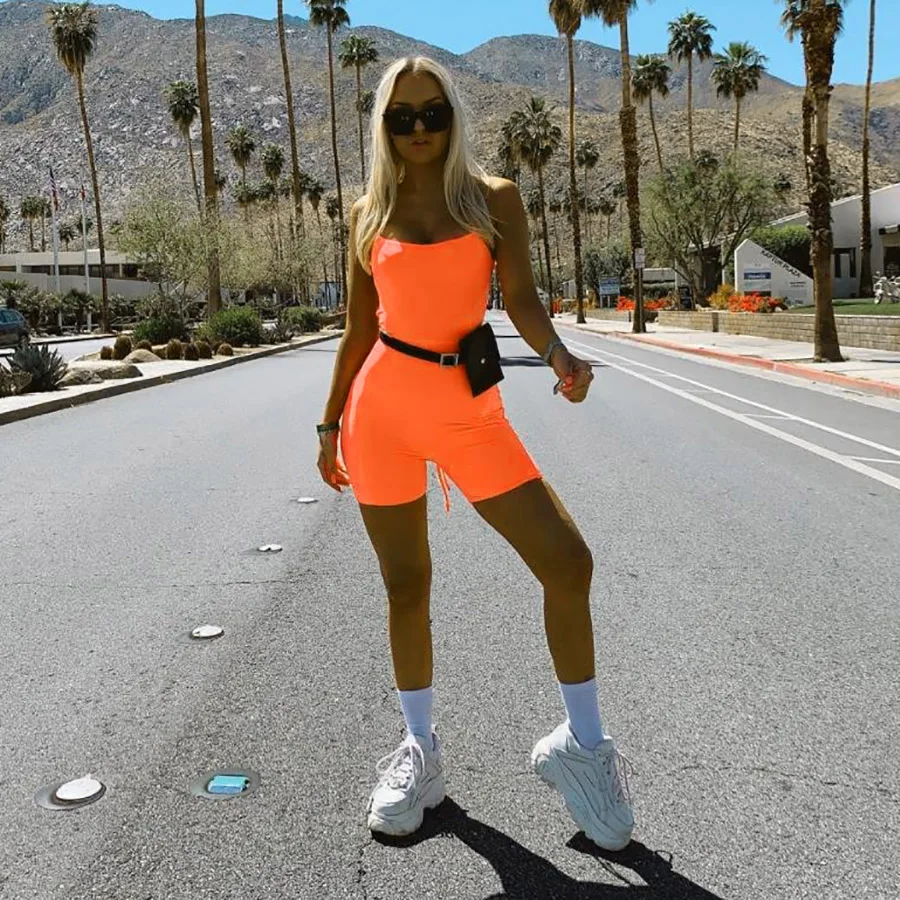 kliou women playsuit sexy backless bandage design skinny bodysuit 2019 new arrival neon green orange strap back lace up rompers