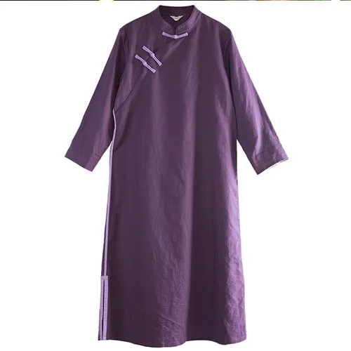 LZJN Традиционный китайский стиль халат летнее платье Ципао длинное винтажное Чонсам для женщин Восточное элегантное хлопковое льняное платье - Цвет: Purple