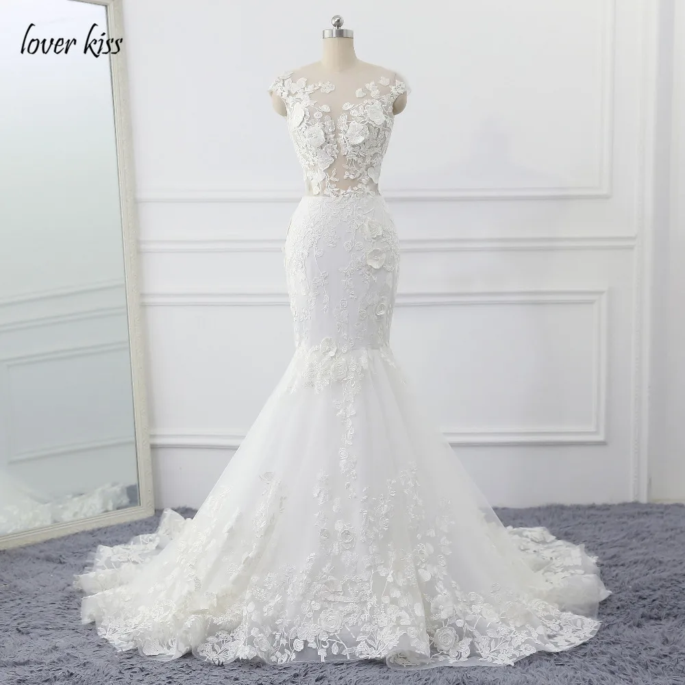 

Lover Kiss Robe de Mariage 3D Flowers Wedding Dress Sexy Mermaid Lace Wedding Bridal Gowns See Through Vestido de Noiva 2019